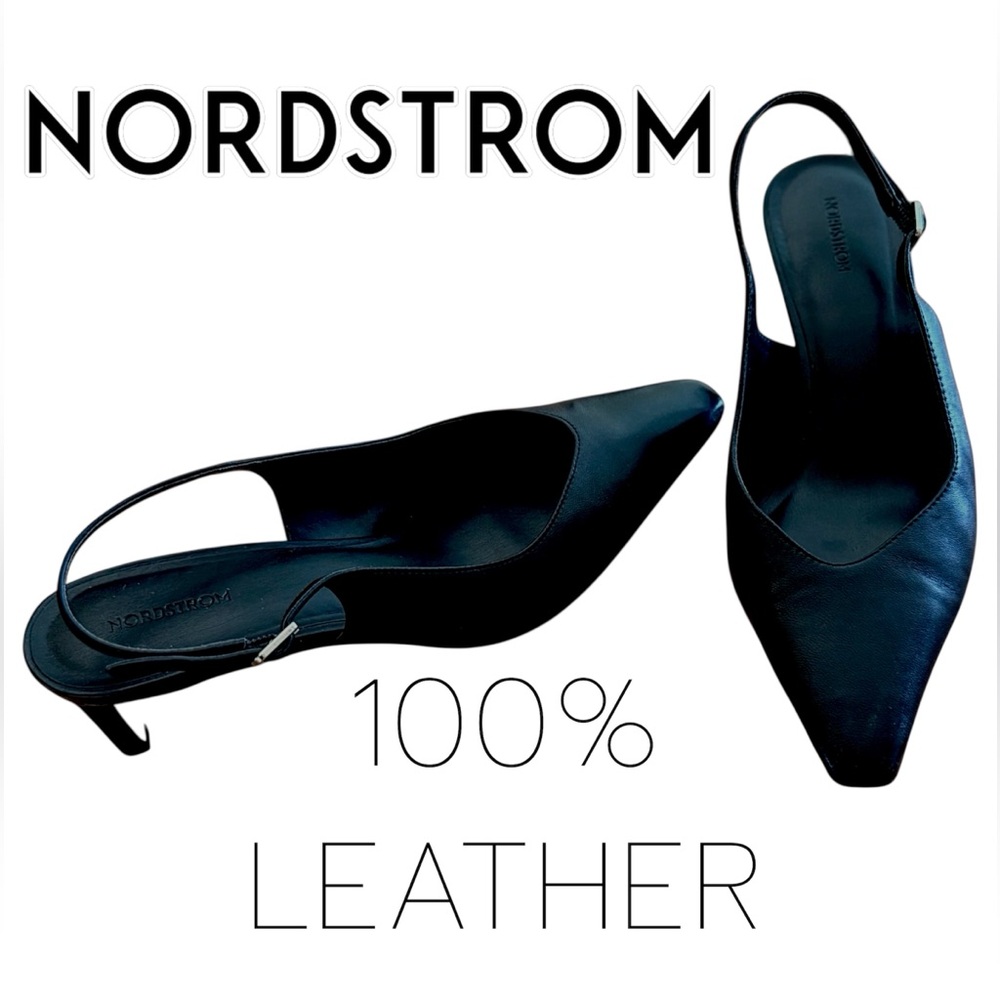 Sz 9 Nordstrom Elegant Black Women's Slingback Kitten Heel Black Shoes